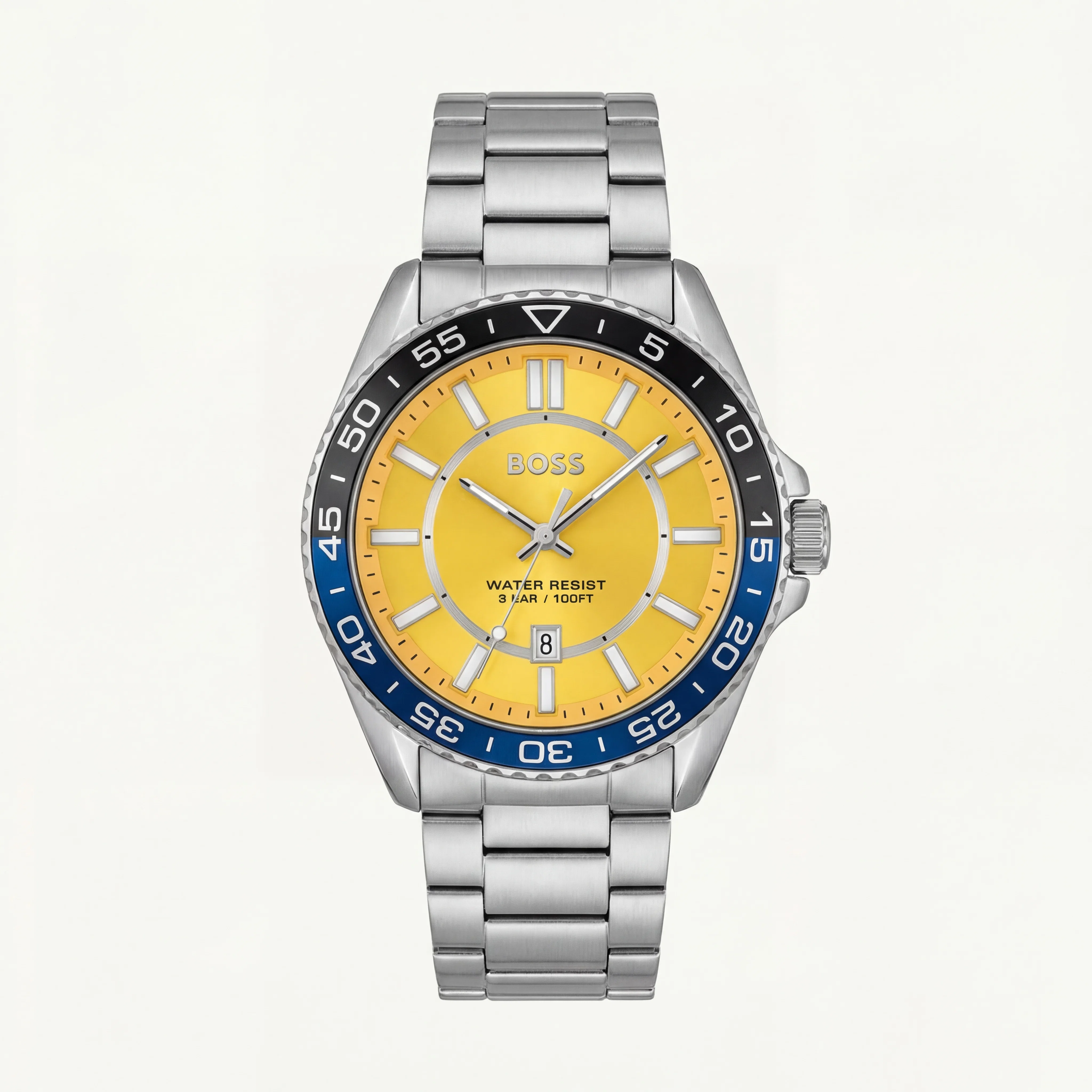 Premium Silver Stainless Steel Watch Yellow Dial Blue Sport Bezel Date Display Bold Luxury Watch – Men