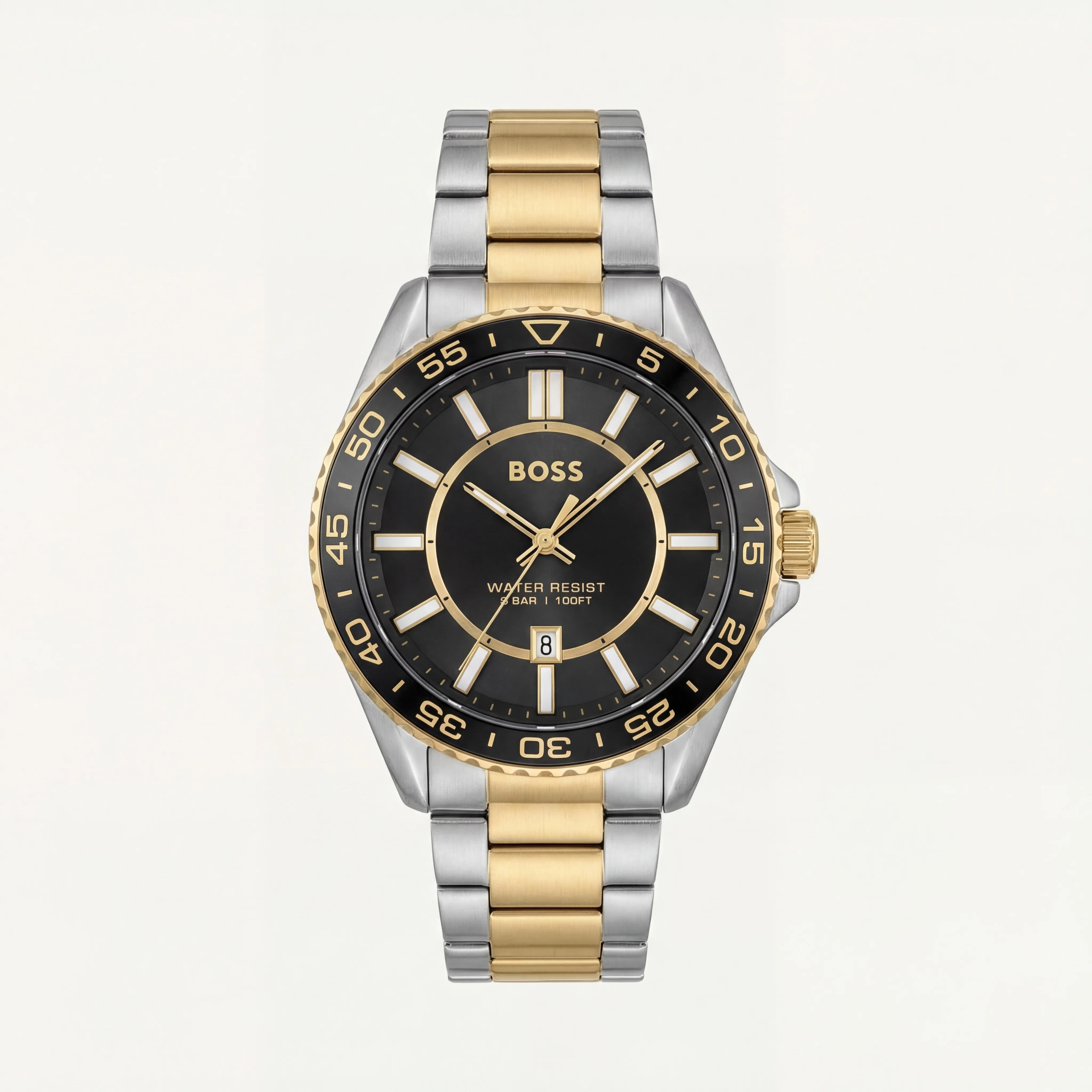 Premium Two-Tone Stainless Steel Watch Black Dial Gold Accent Bezel Date Display Classic Luxury Watch – Men